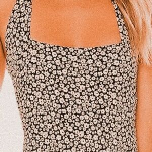 Free People Black cream dainty micro Floral Halter thong Bodysuit Size small